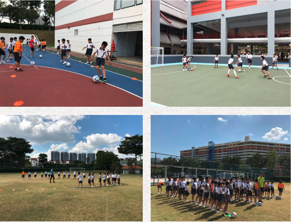 Students in school uniforms practice soccer drills on courts and fields in four outdoor scenes.